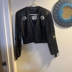 American Vintage Black Leather Jacket with Fringe and Silver Accents medium